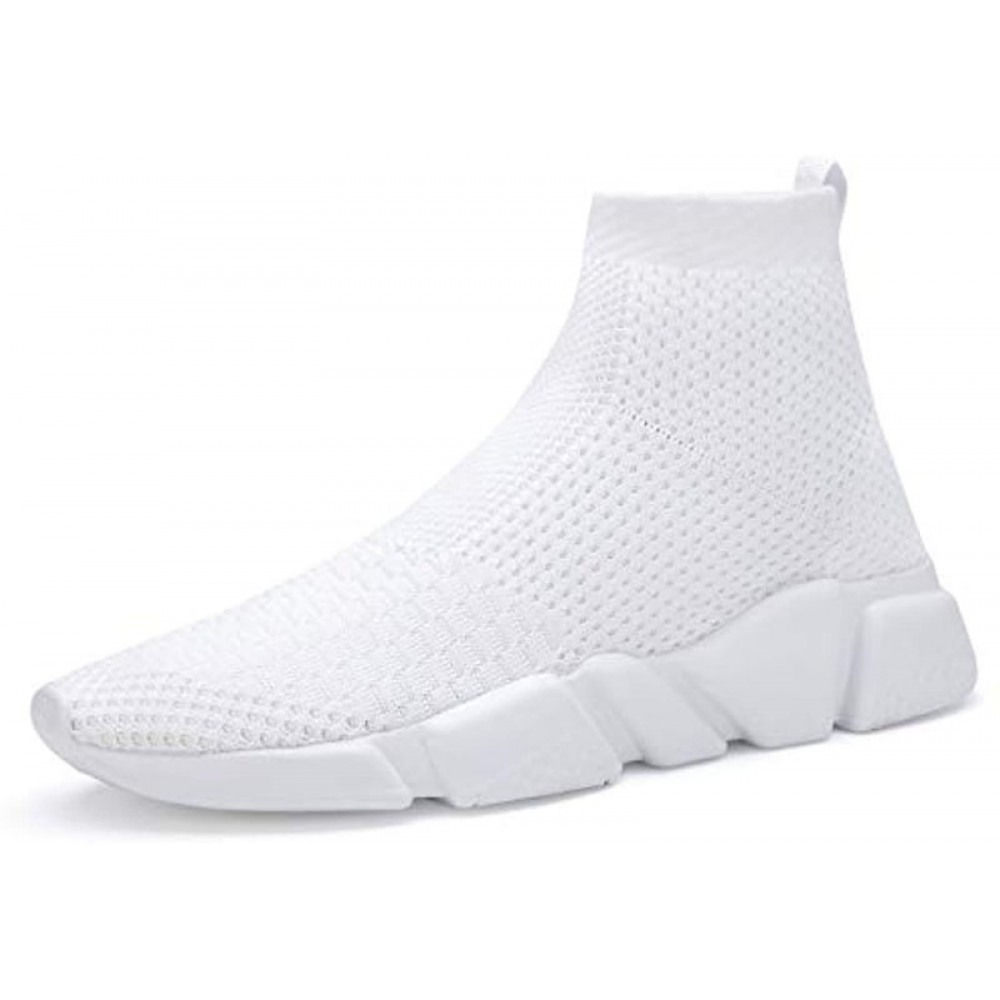 Men's Running Shoes Breathable Knit Slip On Sneakers Lightweight Athletic Casual Sports Shoes White